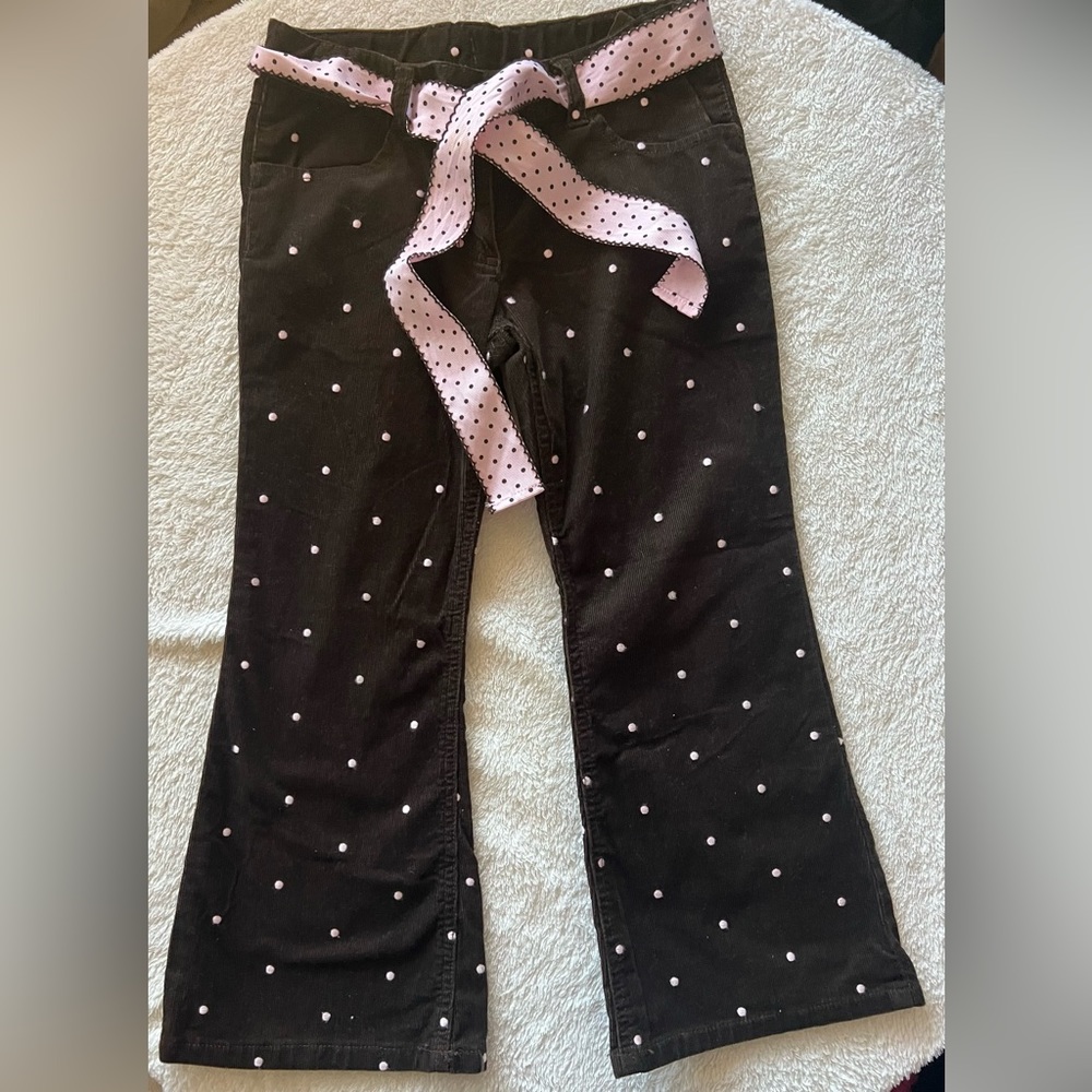 Gymboree girls brown flare bottom corduroy pants with pink polka dots